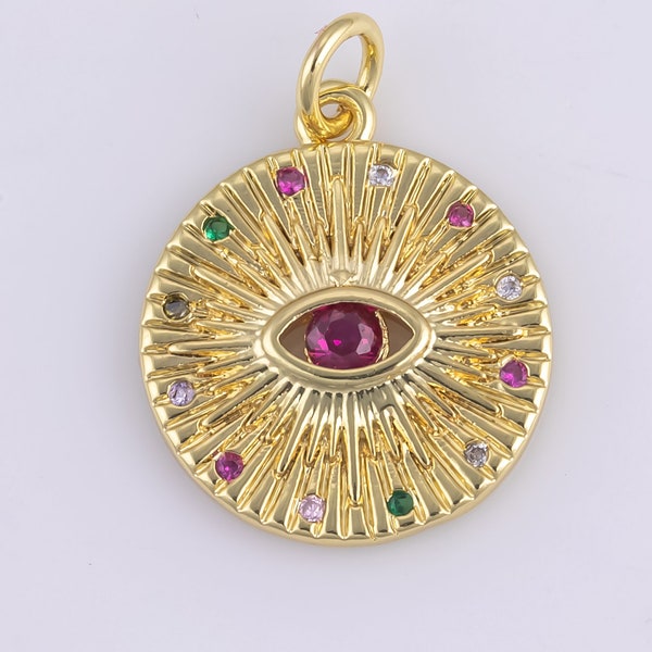 2pcs Evil Eye Gold Lucky Coin Talisman Charm Necklace, 14k Gold  Disc Round Pendant Lucky Medallion Pendant for Necklace- 16mm