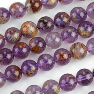 Natural Super 7 Seven Crystal Element  Phantom Amethyst Cacoxenite Round Beads 4mm 6mm 8mm 10mm Powerful Healing Stone Rock 16" Strand