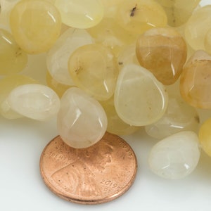 Natural 10x12mm Flat Briolette- Teardrop Shape- Top Drilled- 7.5 Inches- 32 pieces per strand- Yellow Jade Gemstone Beads