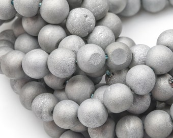 Natural DRUZY AGATE Beads-- Platinum Silver- 8mm, 10mm, 12mm. Full 15.5 inch strand Gemstone Beads