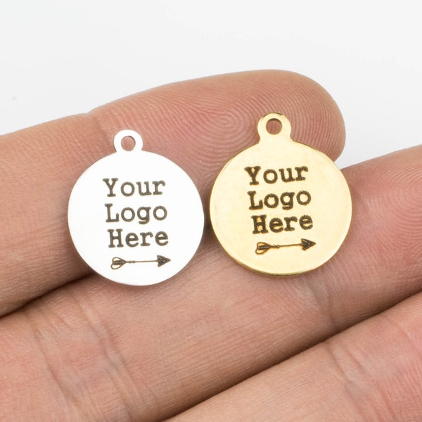 14mm or 20mm 20/50pcs Custom Logo Stainless Steel Jewelry Tags / Charms -- Your Logo Here - Laser Engraved Silver Tone / Gold / Polished