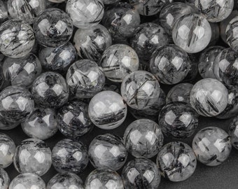 AAA Black Tourmaline Rutilated Rutile Quartz Smooth Round Beads 6mm 8mm 10mm High Quality Quartz Semi Precious Gemstone 15.5" Strand