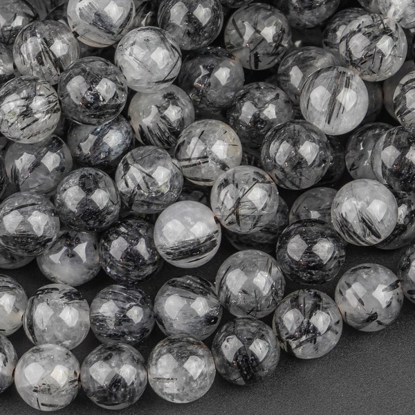 AAA Black Tourmaline Rutilated Rutile Quartz Smooth Round Beads 6mm 8mm 10mm High Quality Quartz Semi Precious Gemstone 15.5" Strand