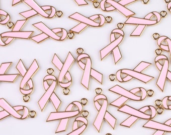 5pc PINK BREAST CANCER Charms Gold Pink Breast Cancer Charms Awareness Ribbon Charms or Pendants- Pink Enamel- 15x28mm