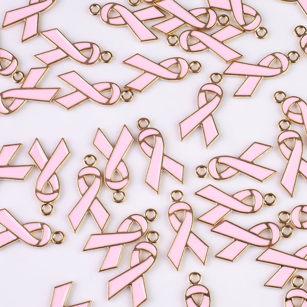 5pc PINK BREAST CANCER Charms Gold Pink Breast Cancer Charms Awareness Ribbon Charms or Pendants- Pink Enamel- 15x28mm