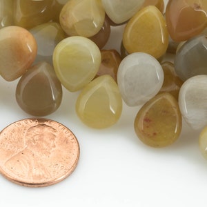 Natural 10x12mm Flat Briolette- Teardrop Shape- Top Drilled- 7.5 Inches- 32 pieces per strand- Dark Yellow Jade Gemstone Beads