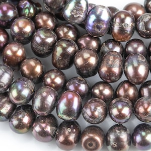 A 8-9mm Natural Freshwater Pearls - Off Round 15.5 Full Strand- Dark Peacock Brown