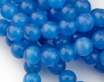 Cats Eye- Selenite Quartz- High Quality in Smooth Round, 4mm, 6mm, 8mm, 10mm, 12mm- Full Strand 15.5 inches Long- Blue