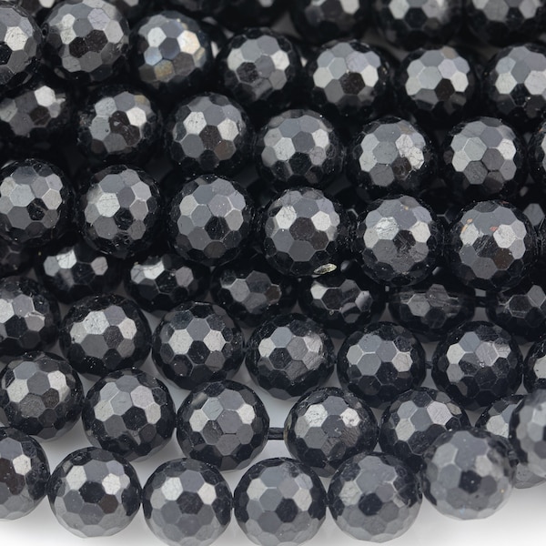 Natural Faceted  Black Tourmaline A Grade  High Quality in Faceted Round-Full Strand, 4mm, 6mm, 8mm, 12mm - Wholesale Beads Gemstone Beads