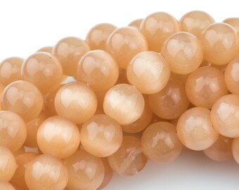 Cats Eye- Selenite Quartz- High Quality in Smooth Round, 4mm, 6mm, 8mm, 10mm, 12mm- Full Strand 15.5 inches Long- Peach