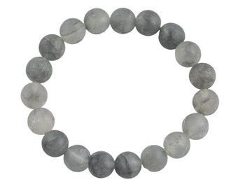May include: A gray gemstone bracelet with round beads. The bracelet is made of natural stones and has a simple design.