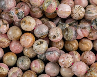 NATURAL Rhodochrosite Smooth round beads in full strands. 4mm, 6mm, 8mm, 10mm, 12mm, 14mm- 15 Inch strand- Natural No Dye