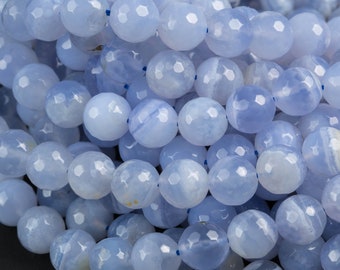 Calcédoine d’agate lacée bleue naturelle à facettes rondes 6 mm, 8 mm, 10 mm - Perles de pierres précieuses à brin complet
