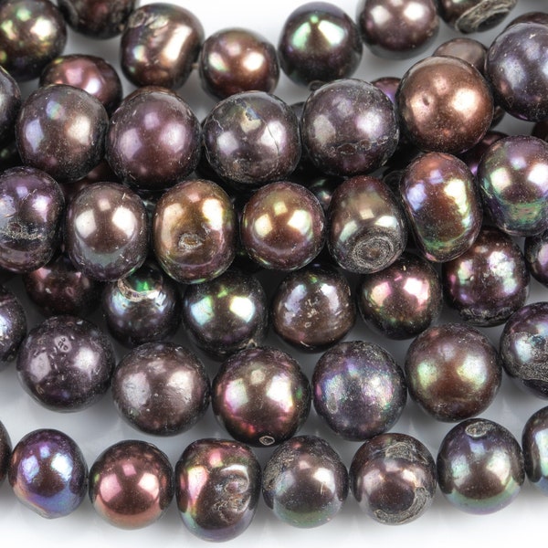 9-10mm Natural Freshwater Pearls - Off Round 15.5 Full Strand- Dark Peacock Brown