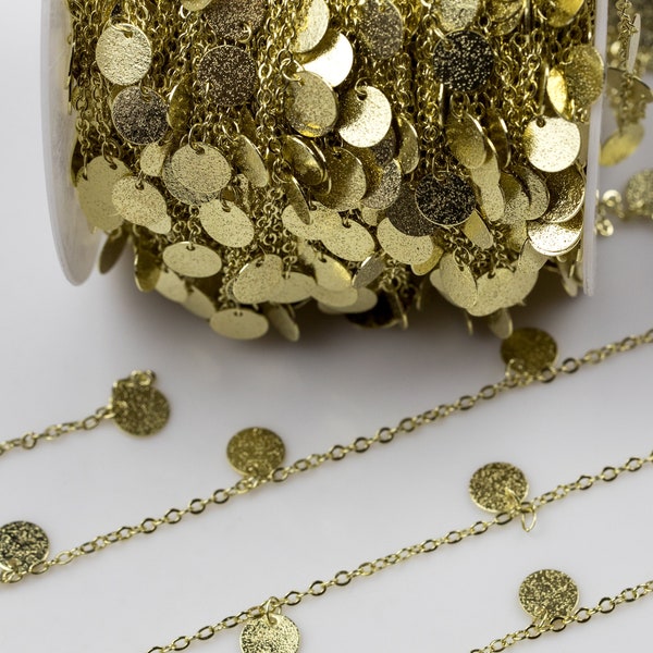 New!! Brushed Gold Coin Drop Chain - Light Gold Plated Brass - High Quality Gold Plating!!! By THE YARD / 3 feet