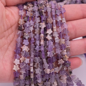 Natural Flower Amethyst 6mm Star Shaped Real Gemstone 15&quot; Strand Smooth Gemstone Beads