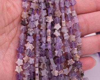 Natural Flower Amethyst 6mm Star Shaped Real Gemstone 15" Strand Smooth Gemstone Beads