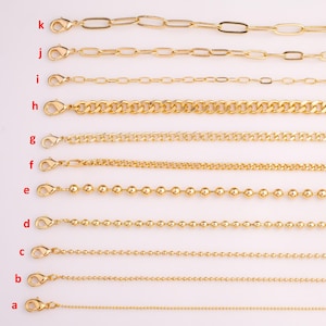 May include: A set of 11 gold chains of different styles and lengths, labeled with letters a through k. The chains are arranged vertically on a white background.