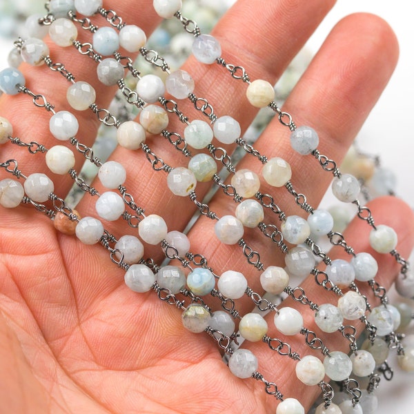 Blue Aquamarine Rosary Chain- 6mm Faceted Round Gunmetal Plated Brass Wire - Rosary Style Chain - Chain per foot
