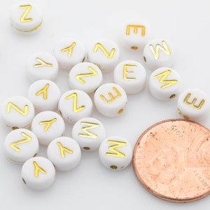 7mm Gold Lettering White Alphabet Beads, Name beads, Letter A-Z Round Beads 7mm-20 pcs