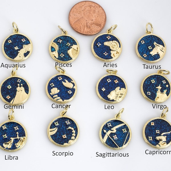 Dainty 18K Gold Zodiac Horoscope Sign Medallion Pendant Sparkle Astro Coin for Necklace Bracelet Jewelry Making Supply