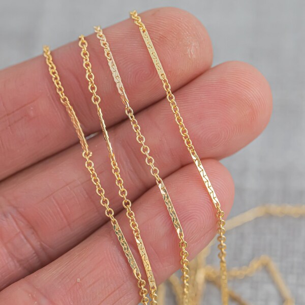 1.7mm Gold-filled Satellite Hammered Bar Chain by the Foot- Wholesale-  11mm Hammered Section