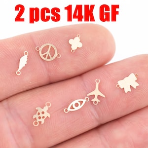 Conectores de joyería permanentes de plata esterlina bañados en oro de 14 kt con forma de avión, símbolo de la paz, mal de ojo, lazo, ala de tortuga, trébol, cinta. Fabricado en EE. UU.
