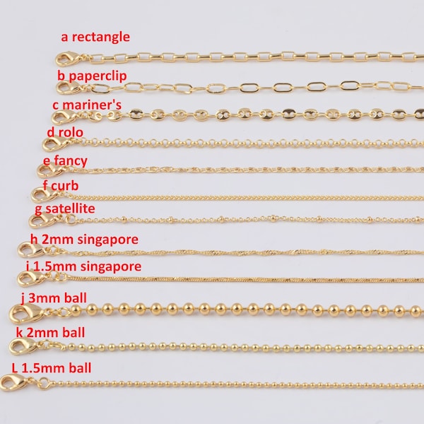 16" Gold Plated Anti-Tarnish Gold Necklace Singapore Ball Rolo Satellite Rectangle Oval Paperclip Chain with Extender Perfect for Layering