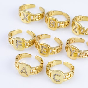 Cz Initial Gold Ring Alphabet Ring Gold Stacking Ring Adjustable Ring Letter Ring Vintage Gold Rings Initial Ring Thumb Ring Open Ring