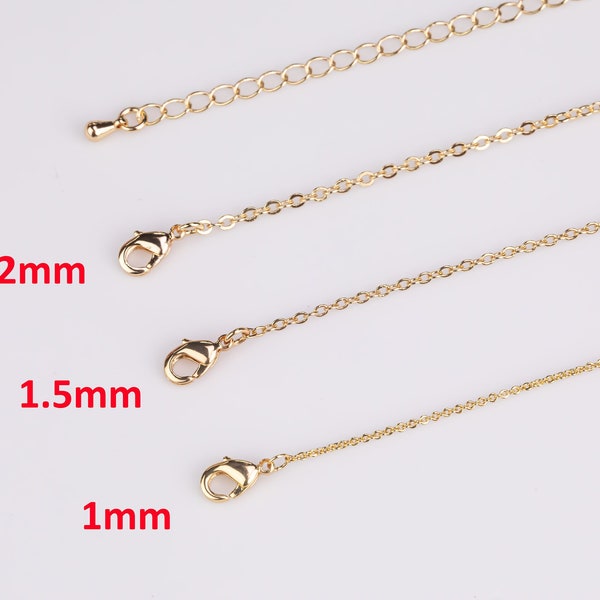 Cadenas de collar delicadas de oro de 14k para capas - Cadena ovalada de 1 mm 16" 18" 20" con extensor resistente al deslustre