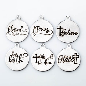 Stainless Steel Charms Religious Christian Charms Collection - Laser Engraved Silver Tone - Blessed Faith Grace Pray Believe - Bulk Pricing