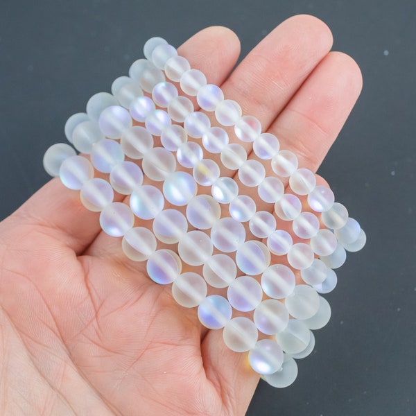 Mystic Aura Quartz Bracelet Matte Round Size 6mm and 8mm - Handmade In USA - Gemstone Crystal Bracelets - Handmade Jewelry - approx. 7"