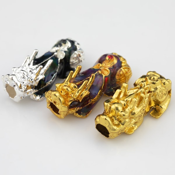 1 pc- Pixiu Beads- Gold or Silver-12x30mm - Chinese mystical animal with dragon head lion body