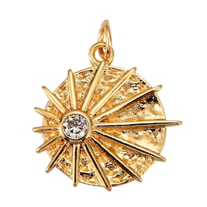 2pc Dainty 14k Gold  Sun Charm Star Starburst Round SunBurst Medallion Pendant, Micro Pave Gold Sun Celestial Jewelry