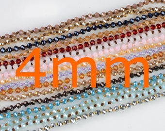 May include: Assortment of 4 mm faceted glass beads in various colors, including red, blue, brown, and clear. The beads are strung on a thin wire and are ready for jewelry making.
