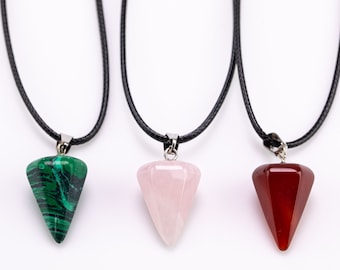 Malachite Carnelian Rose Quartz triangle diamond crystal pendant necklace