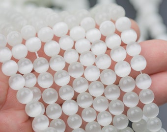 Cats Eye - Selenite Quartz- High Quality in Smooth Round, 4mm, 6mm, 8mm, 10mm, 12mm- Full Strand 15.5 inches Long- White