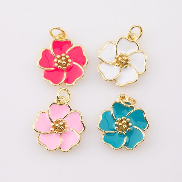 Dainty Hibiscus Charm Tropical Flower Gold Enamel Charm Hawaiian Inspired Jewelry Pendant for Necklace Bracelet Earring Makings M-499 15mm