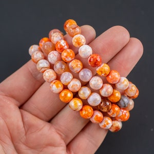 Orange Fire Agate Bracelet Round Size 6mm and 8mm Handmade In USA - Natural Gemstone Crystal Bracelets Handmade Jewelry - approx. 7"