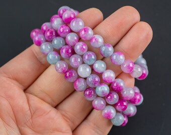 Light Fuchsia Jade Bracelet Round Size 6mm and 8mm Handmade In USA Natural Gemstone Crystal Bracelets Handmade Jewelry - approx. 7"