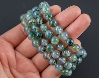 Moss Agate Bracelet Round Size 6mm and 8mm Handmade In USA Natural Gemstone Crystal Bracelets Handmade Jewelry - approx. 7" Crystal Bracelet