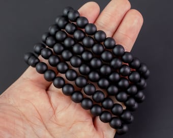 Matte Black Onyx Bracelet Round Size 6mm and 8mm 10mm 12mm Handmade In USA Natural Gemstone Crystal Bracelets Handmade Jewelry - approx. 7"