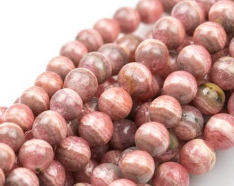 NATURAL Rhodochrosite Smooth round beads in full strands. 4mm, 6mm, 8mm, 10mm, 12mm, 14mm- 8 Inch strand- Natural No Dye