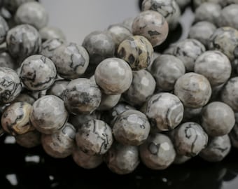 Natural Gray Picture Jasper, High Quality in Faceted Round, 6-10mm Gemstone Beads