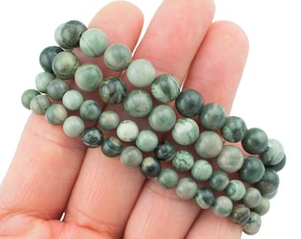 Natural Green Moss Jasper Bracelet Smooth Round Size 6mm and 8mm- Handmade In USA- approx. 7" Bracelet Crystal Bracelet