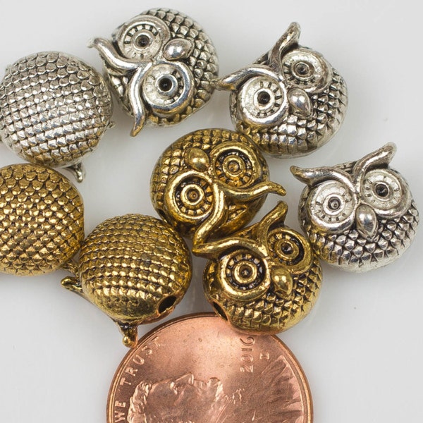 10 or 50 pcs Owl  Bead 11mm Bead Pewter. Gold, silver, or gunmetal.