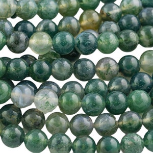 Cuentas de ágata de musgo natural grado AAA redondas (4 mm, 6 mm, 8 mm, 10 mm, 12 mm) - Tira completa de 15,5 pulgadas, cuentas de piedras preciosas lisas de calidad AAA