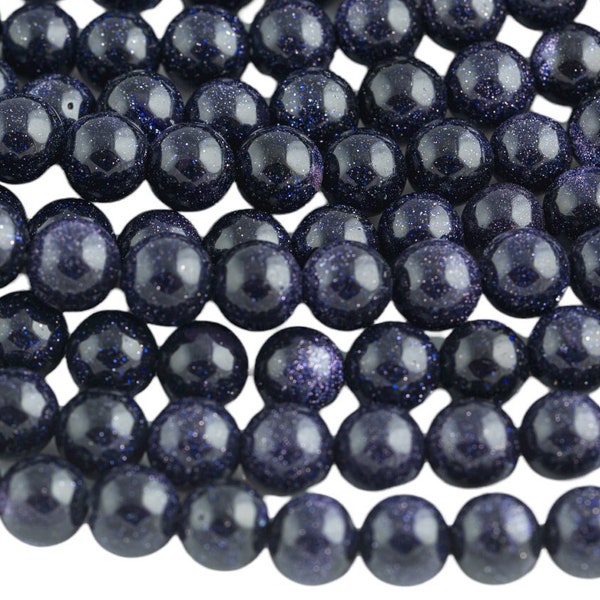 Perles rondes en grès bleu goldstone de qualité AAA. Brin complet de 15,5 pouces de 4 mm, 6 mm, 8 mm, 10 mm ou 12 mm de qualité AAA lisse