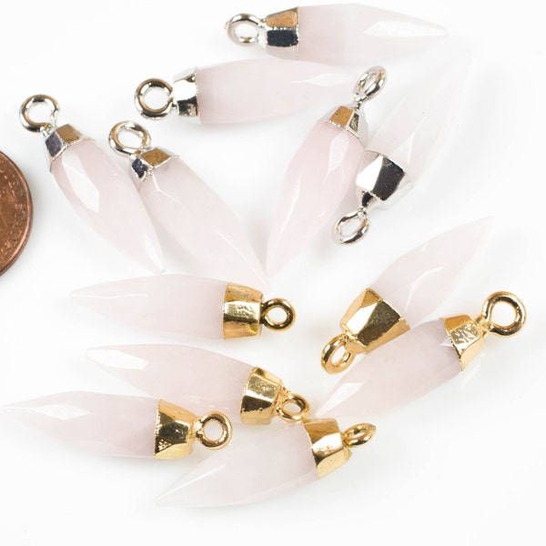 Rose Quartz Spike Pendant Charm with 24k gold electroplated cap or Rhodium Plated Cap