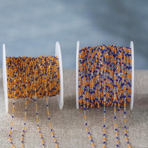 オレンジとネイビーブルーの1.5 mm金張りスターリングシルバーマルチカラー近接間隔エナメルチェーン（1フィートまたは50フィートの永久ジュエリーチェーン）